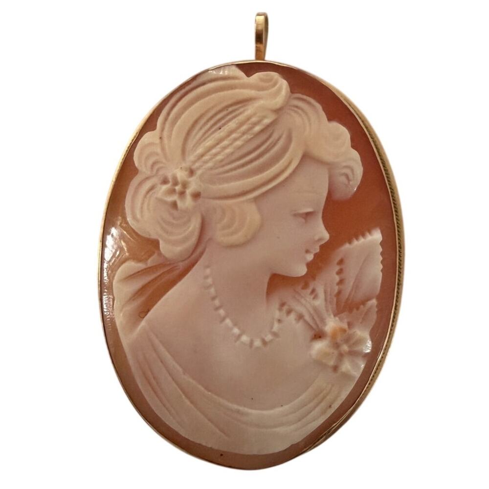 Vintage 14K 585 Gold Carved Shell Cameo Brooch Pendant Lady Portrait 6g